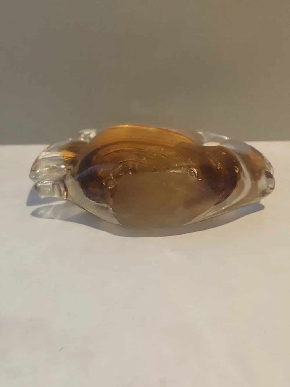 Vintage~Signed Kenneth Marine~Art Glass~Kissing Fish~Paperweight~Amber~Clear